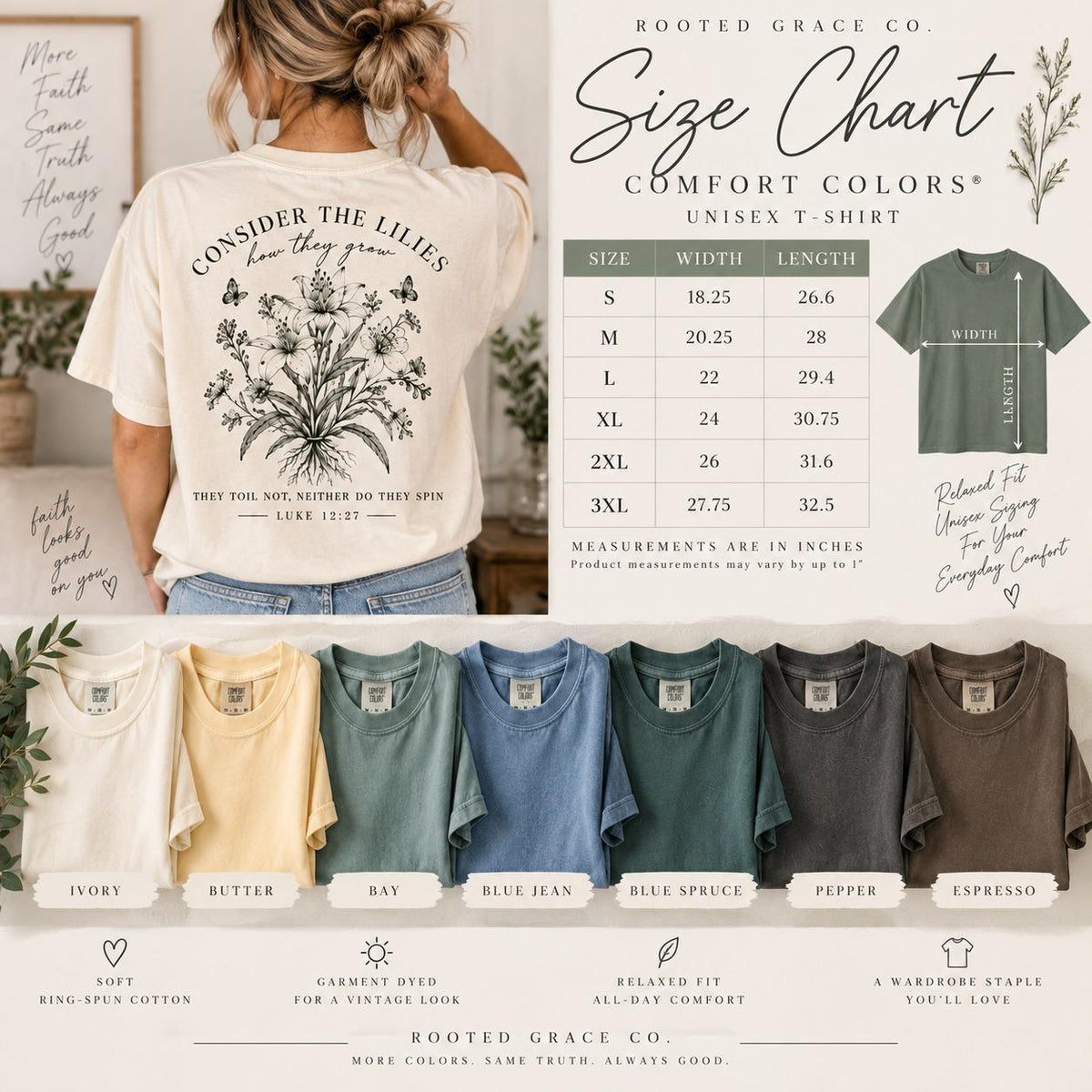 Consider the Lilies Wildflower Comfort Colors Tee, Luke 12:27 Christian Shirt for Women