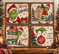 Funny Christmas Framed Print Set of 4, Whimsical Green Holiday Character Wall Art, Naughty Nice Retro Signs, Holiday Decor