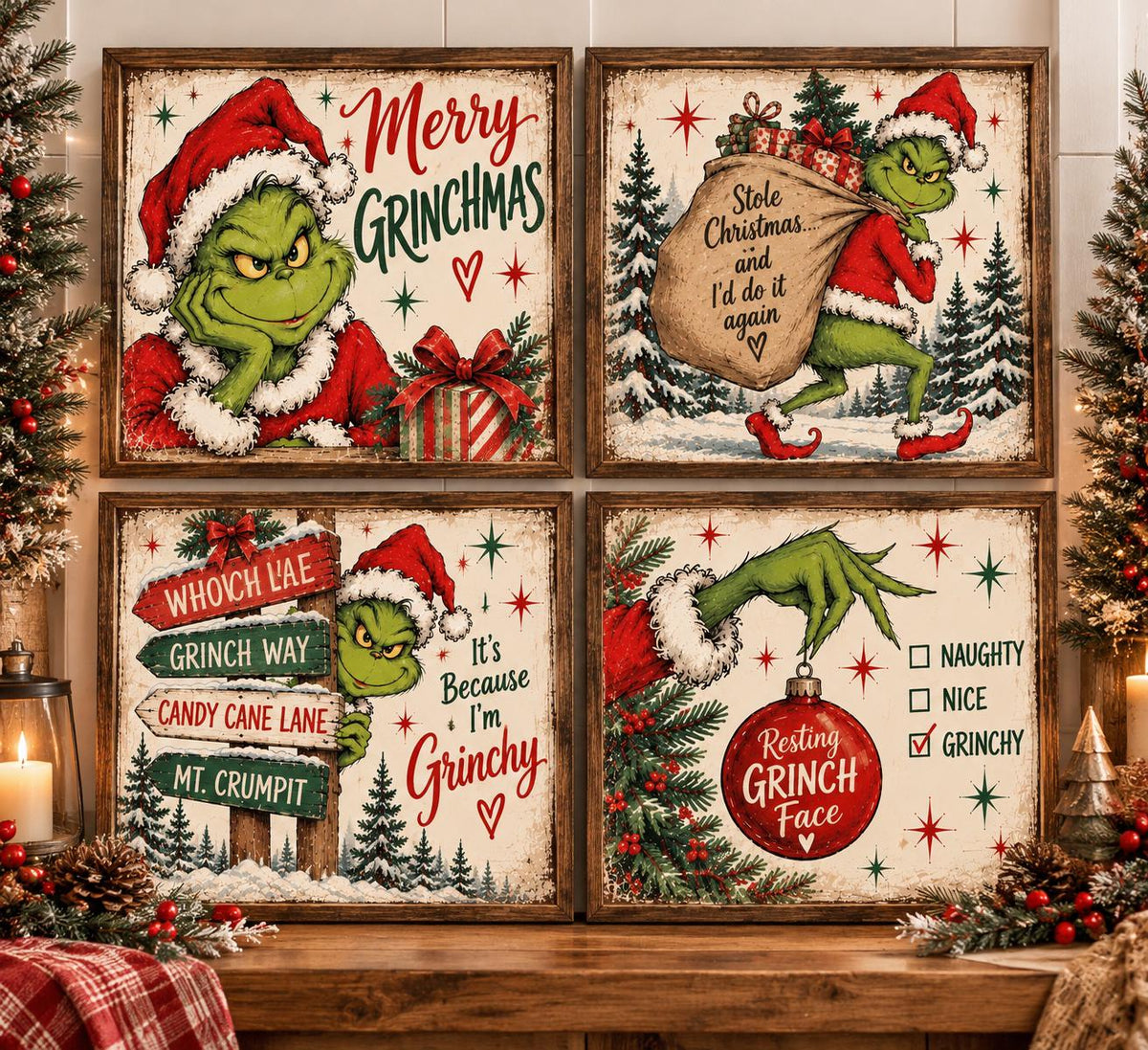 Funny Christmas Framed Print Set of 4, Whimsical Green Holiday Character Wall Art, Naughty Nice Retro Signs, Holiday Decor