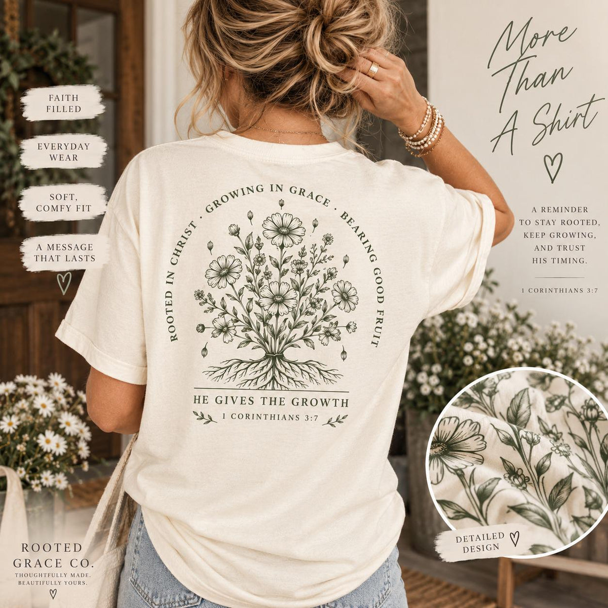 Growing in Grace Wildflower Comfort Colors Tee, 1 Corinthians 3:7 Christian Shirt for Women