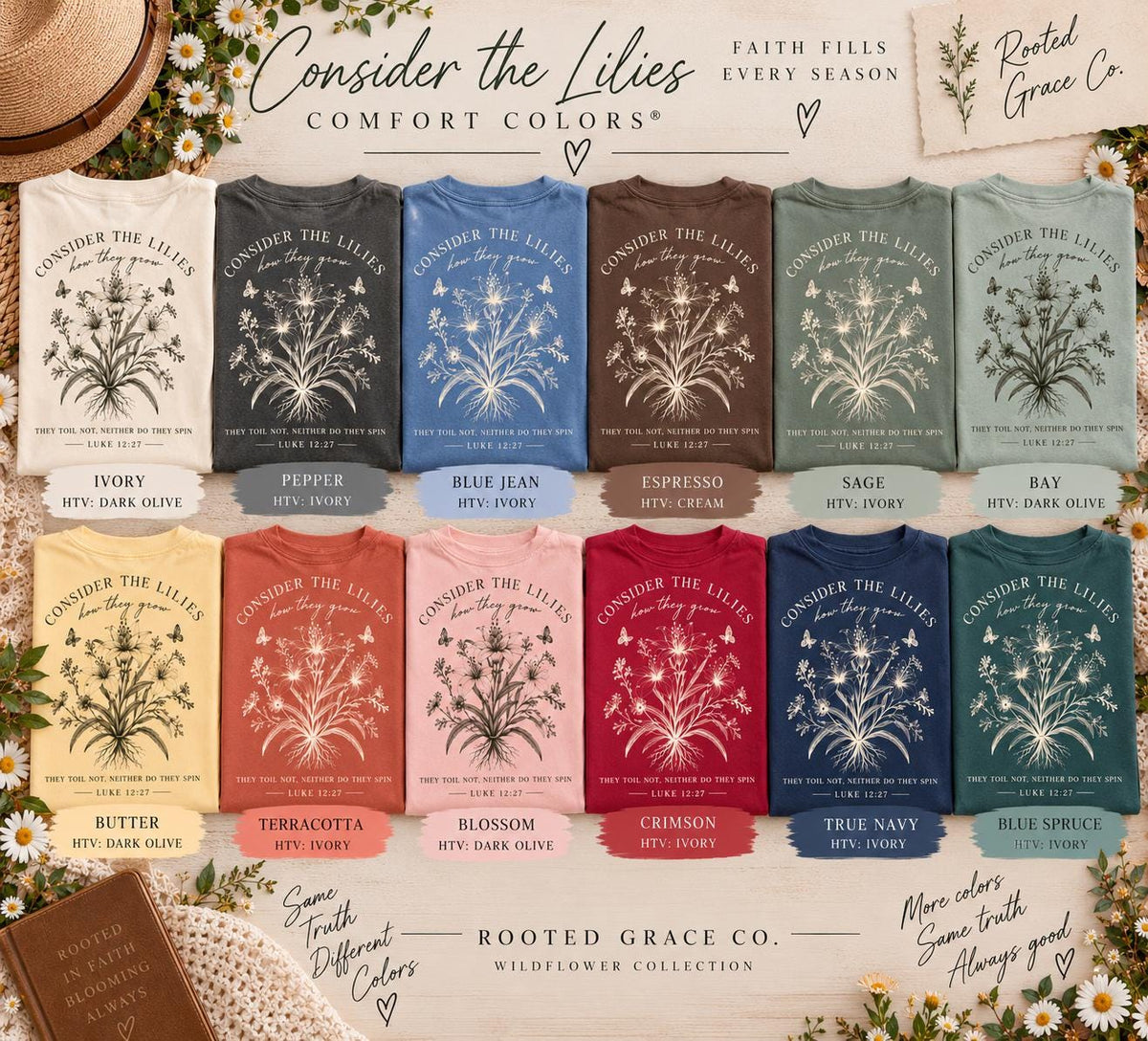 Consider the Lilies Wildflower Comfort Colors Tee, Luke 12:27 Christian Shirt for Women