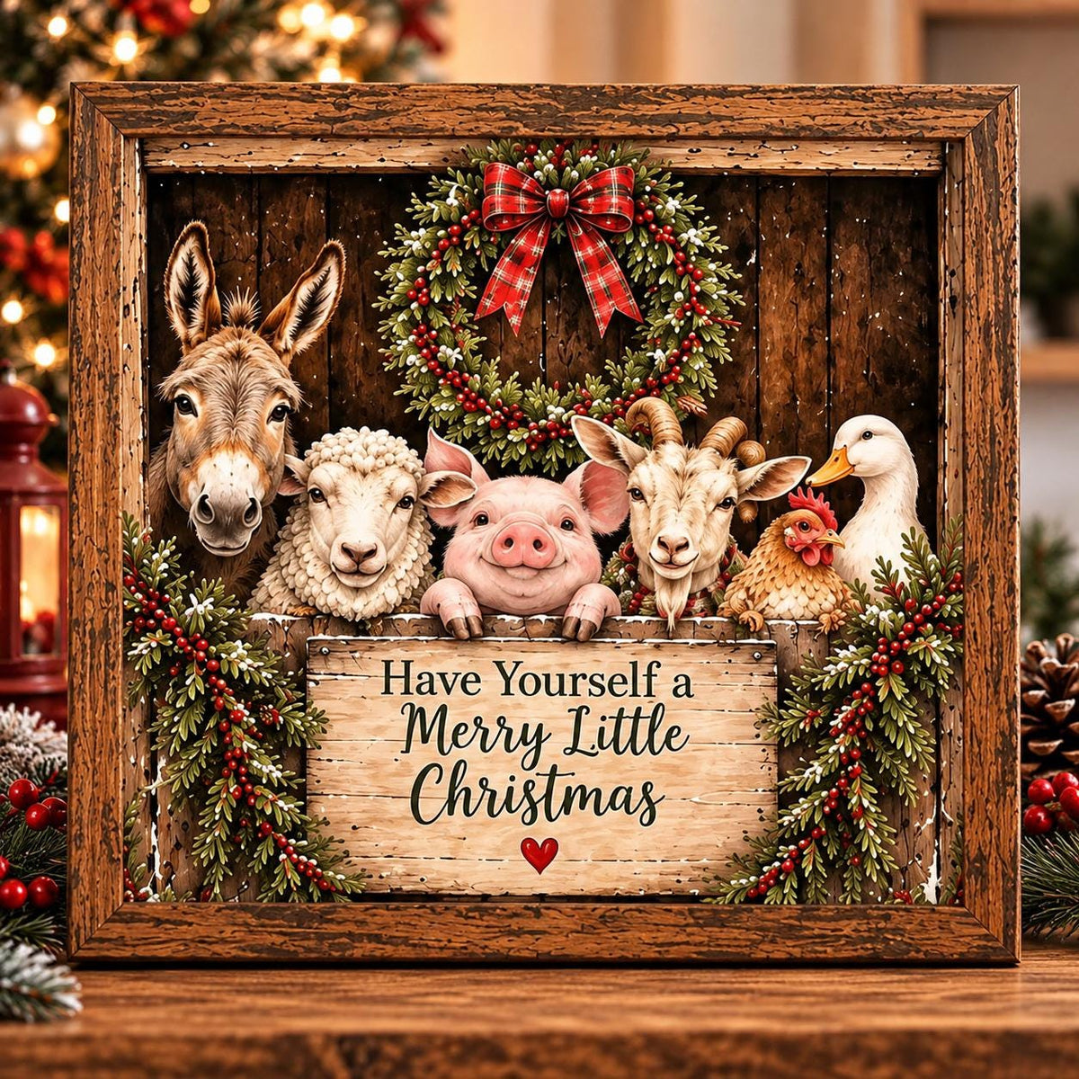 Have Yourself a Merry Little Christmas Farm Animal Framed Print, Farmhouse Christmas Wall Art, Barnyard Wreath Sign, Decor