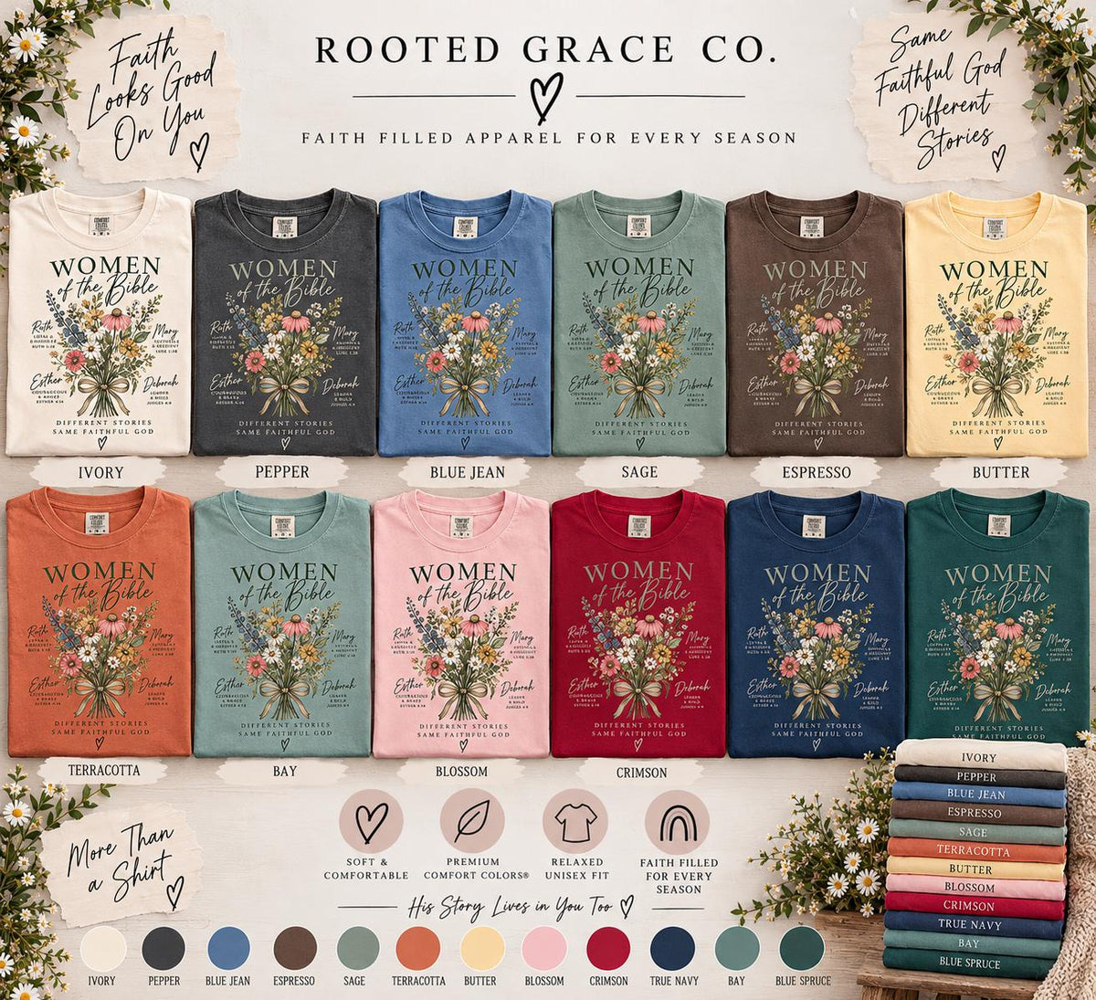 Women of the Bible Wildflower Tee, Ruth Esther Mary Deborah Christian Shirt (Comfort Colors)