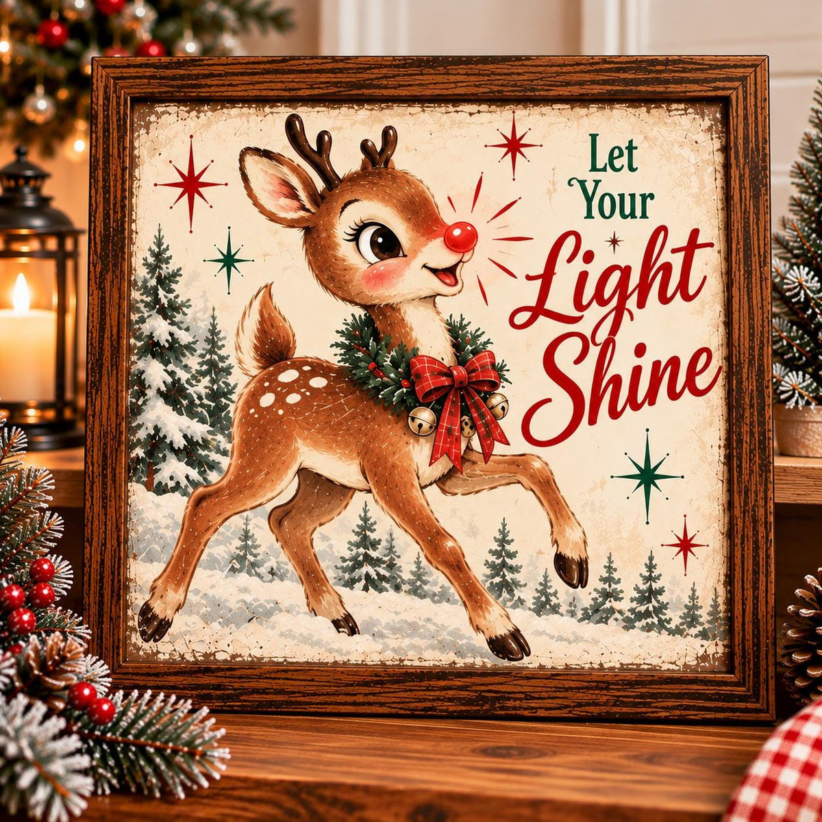 Vintage Reindeer Let Your Light Shine Framed Print, Retro Red Nose Deer Wall Art, Christmas Quote Sign, Cottage Holiday Decor