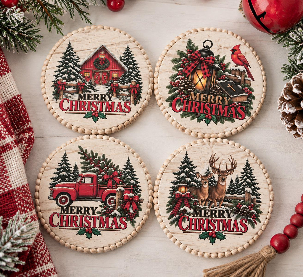 Christmas Wood Coaster Set of 4 with Black Wire Stand, Whitewash Farmhouse Holiday Decor