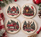Christmas Wood Coaster Set of 4 with Black Wire Stand, Whitewash Farmhouse Holiday Decor