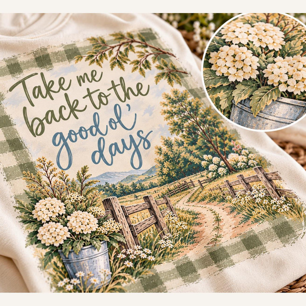 Take Me Back to the Good Ol' Days Comfort Colors Tee, Gingham Country Road Wildflower Shirt for Women, Nostalgic Farmhouse Tee