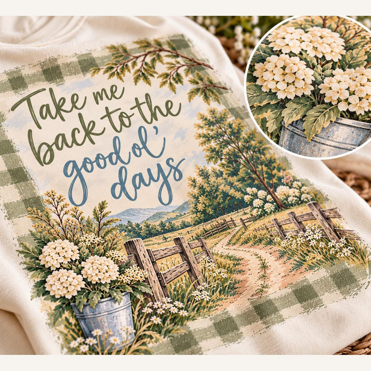 Take Me Back to the Good Ol' Days Comfort Colors Tee, Gingham Country Road Wildflower Shirt for Women, Nostalgic Farmhouse Tee