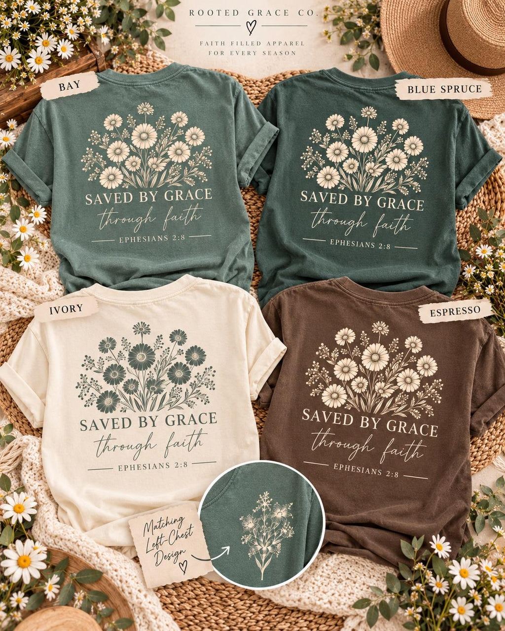 Saved by Grace Wildflower Tee, Ephesians 2:8 Christian Shirt, Comfort Colors® 1717 Cotton Tee