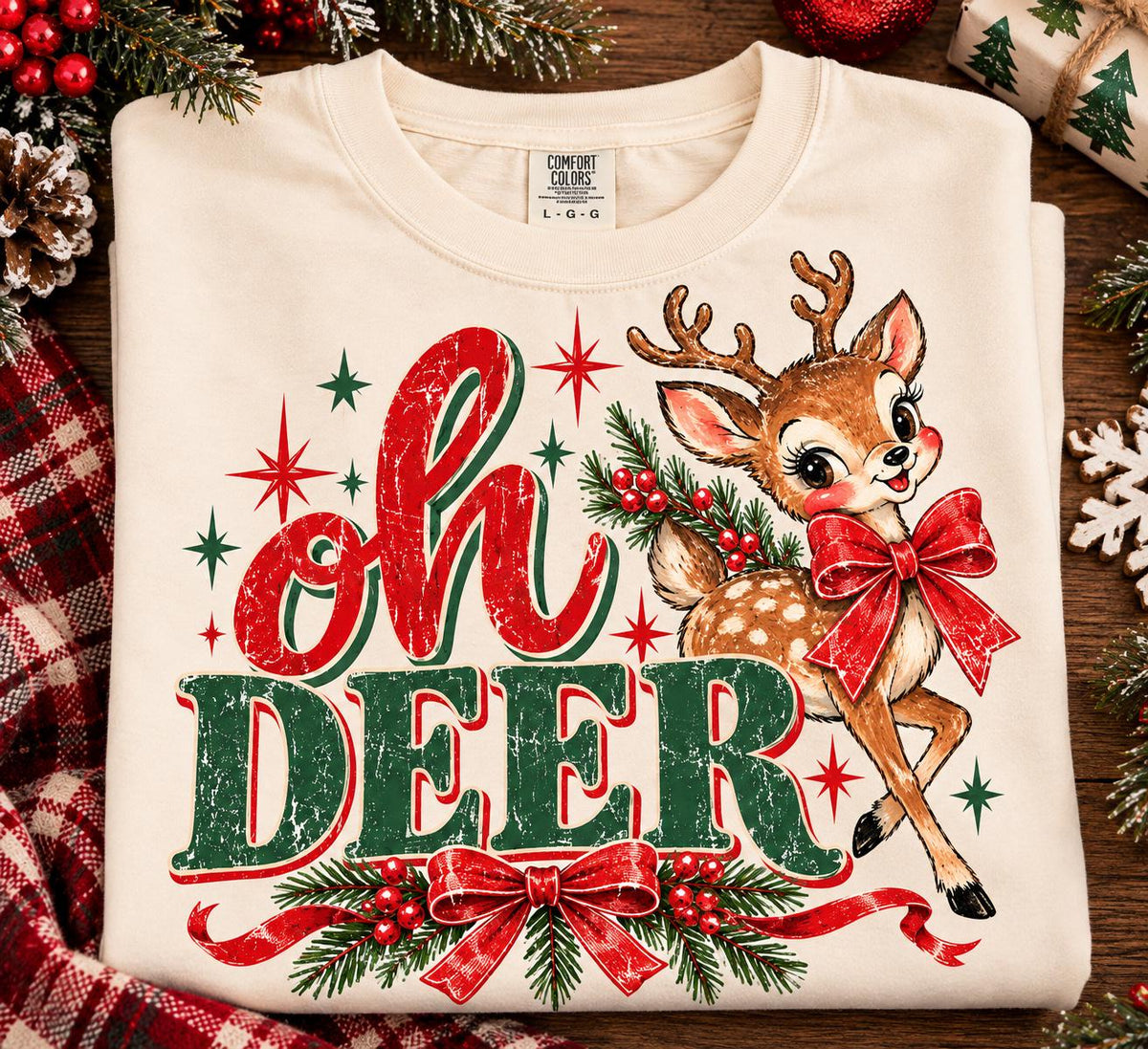 Oh Deer Christmas Shirt, Vintage Fawn Comfort Colors Tee, Retro Reindeer Holiday T-Shirt, Cute Deer Bow Christmas Gift for Her