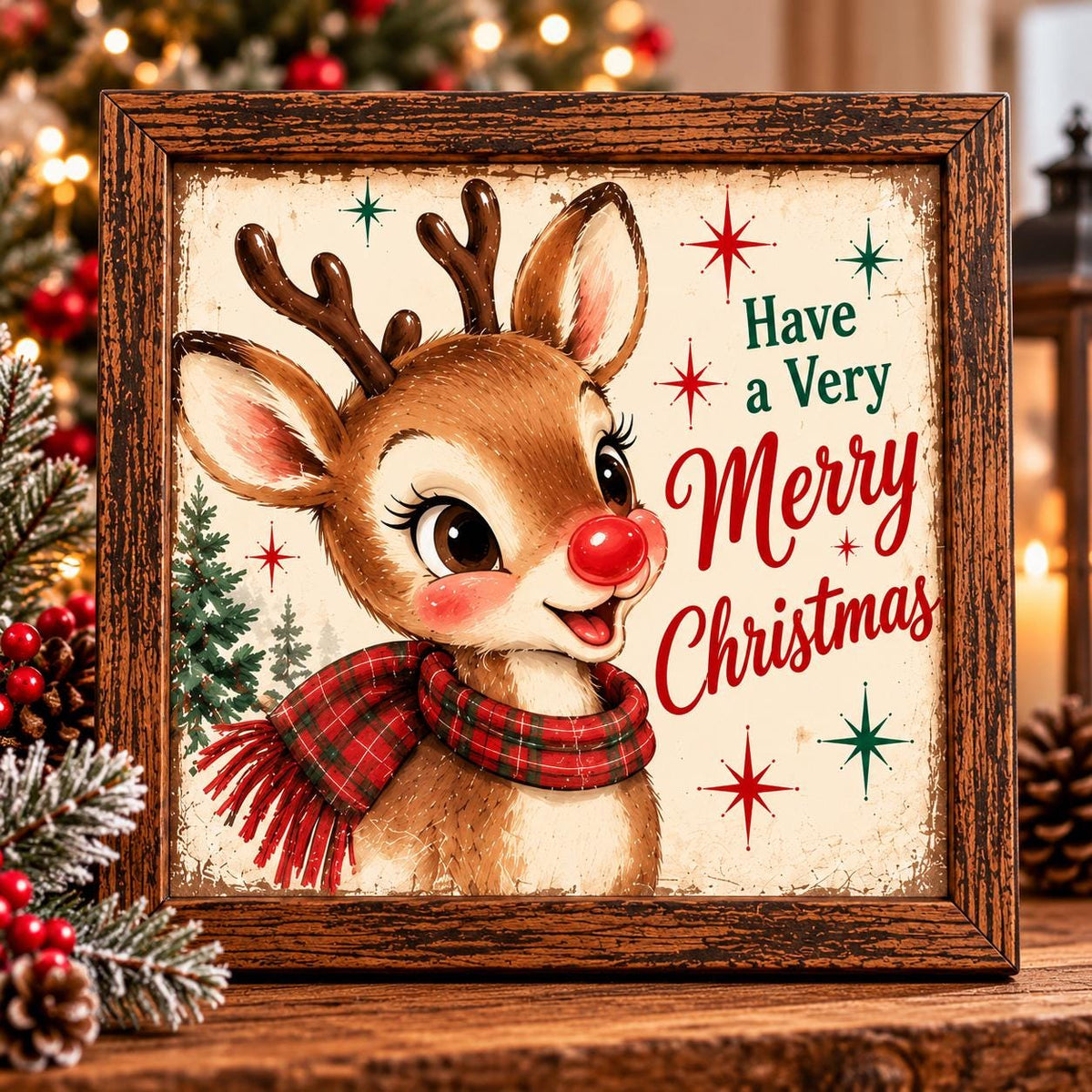 Vintage Reindeer Have a Very Merry Christmas Framed Print, Retro Red Nose Reindeer Wall Art, Mid Century Christmas Decor