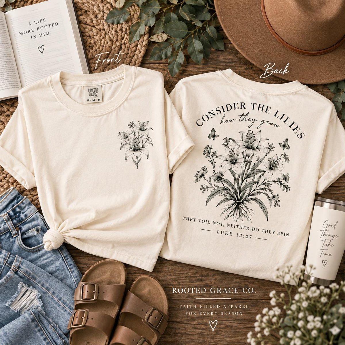 Consider the Lilies Wildflower Comfort Colors Tee, Luke 12:27 Christian Shirt for Women