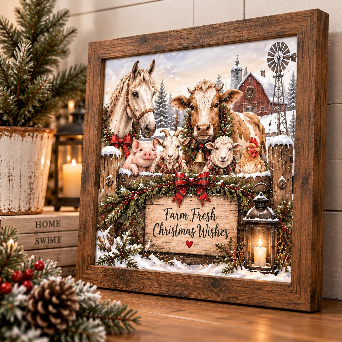 Farm Fresh Christmas Wishes Framed Print, Farm Animal Christmas Wall Art, Farmhouse Holiday Sign, Barnyard Cottage Decor