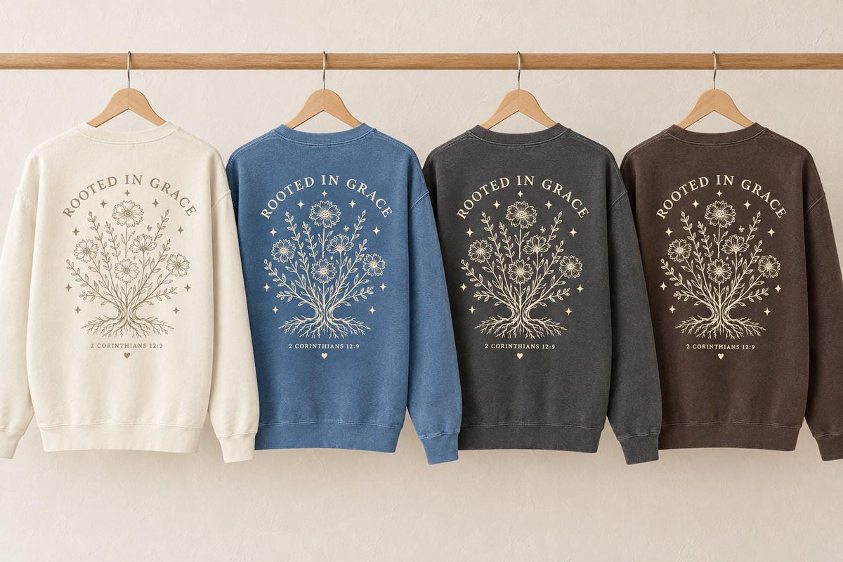 Rooted in Grace Wildflower Comfort Colors Sweatshirt, 2 Corinthians 12:9 Christian Crewneck for Women