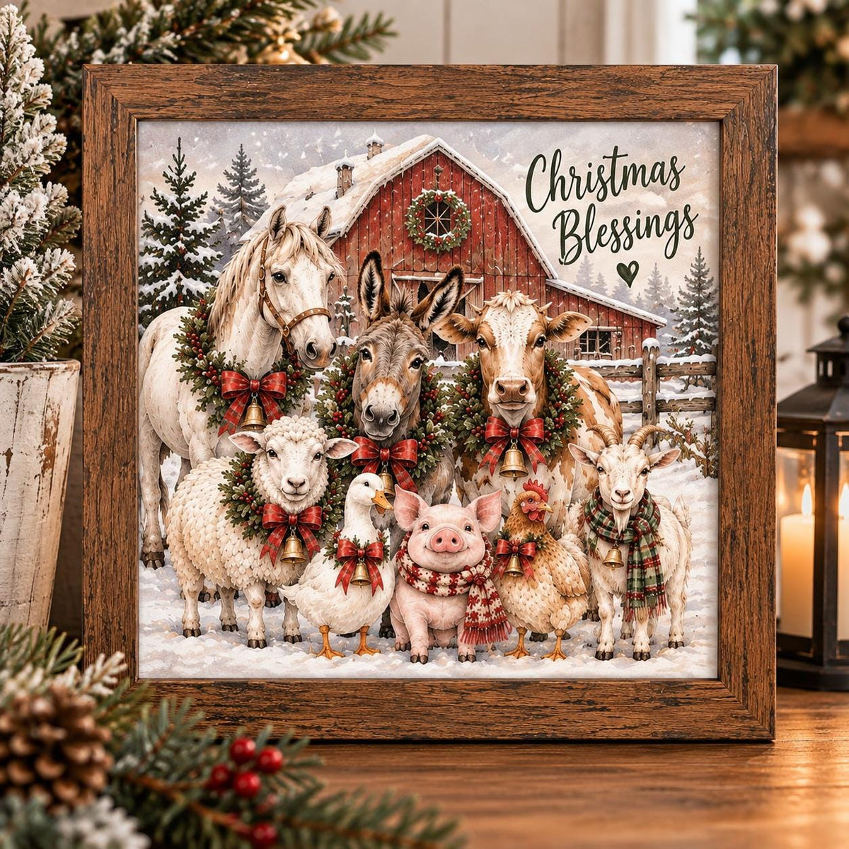 Christmas Blessings Farm Animal Framed Print, Farmhouse Christmas Wall Art, Barnyard Animals Holiday Sign, Cottage Decor