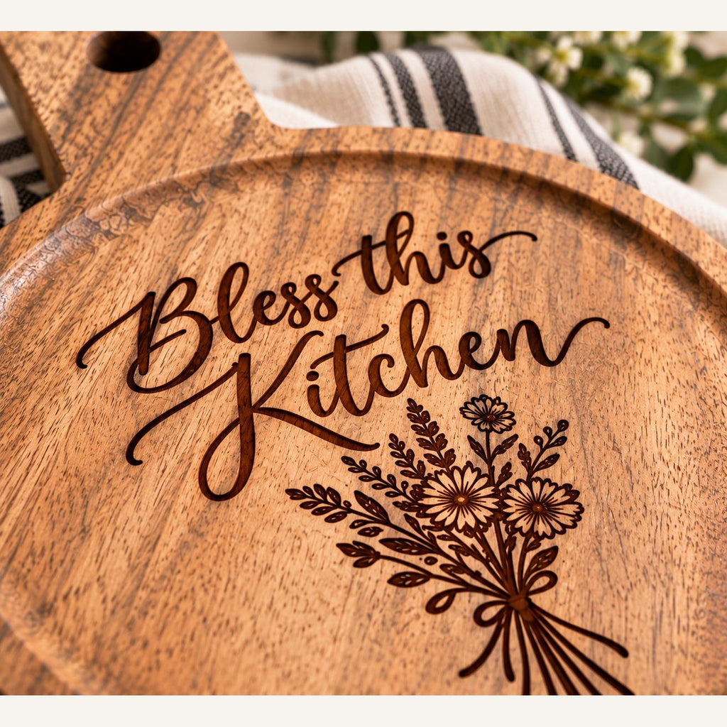 Bless this Kitchen Round Engraved Acacia Serving Board, Small Wildflower Cheese Board with Handle, Housewarming Gift
