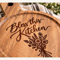Bless this Kitchen Round Engraved Acacia Serving Board, Small Wildflower Cheese Board with Handle, Housewarming Gift