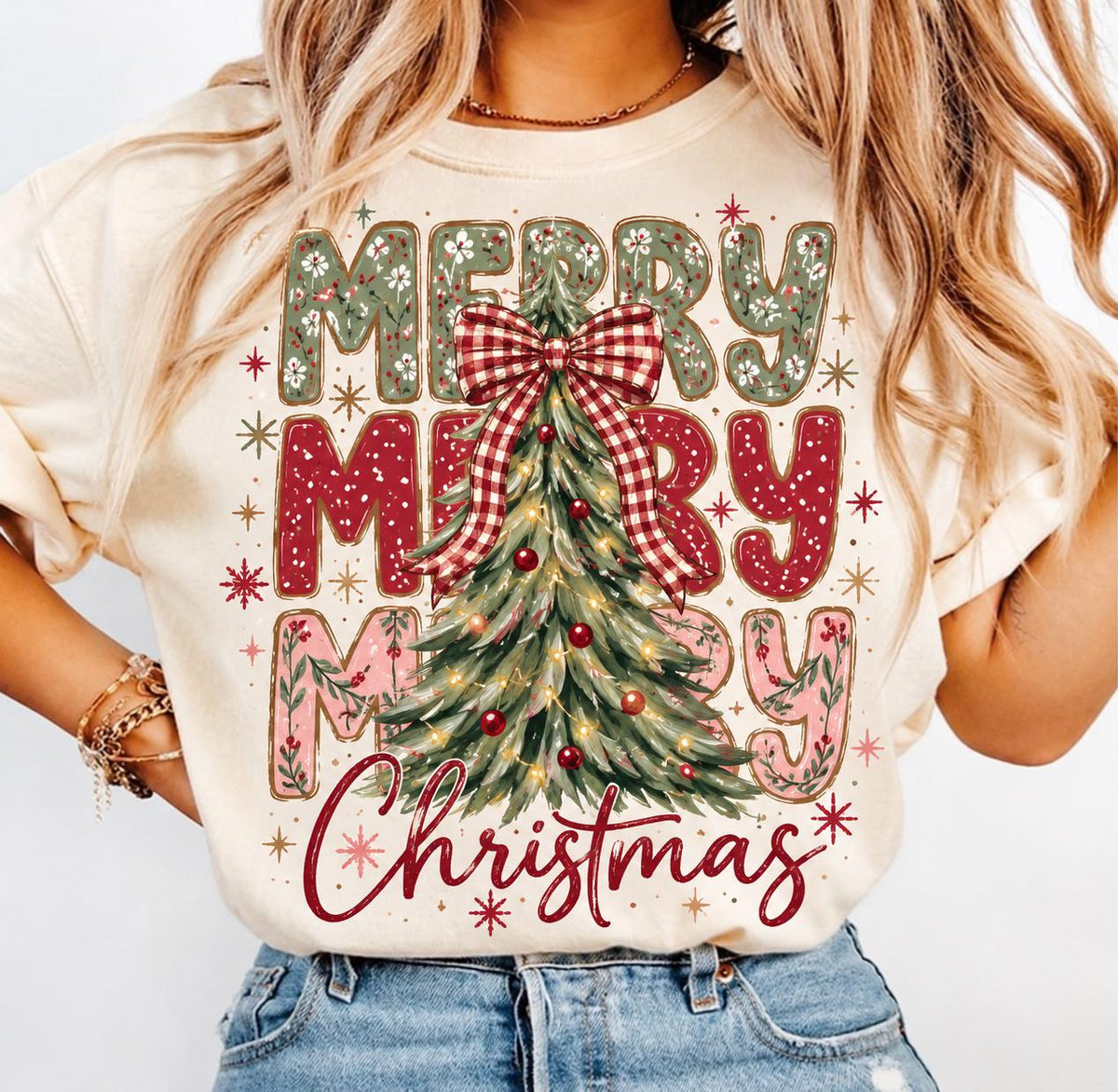 Merry Merry Christmas Tree Shirt, Comfort Colors Plaid Bow Christmas Tee, Vintage Christmas Tree T-Shirt, Retro Holiday Gift