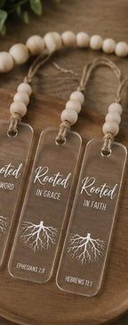 Rooted in His Word Clear Acrylic Bookmark with Tassel, Colossians 2:7 Scripture Page Marker
