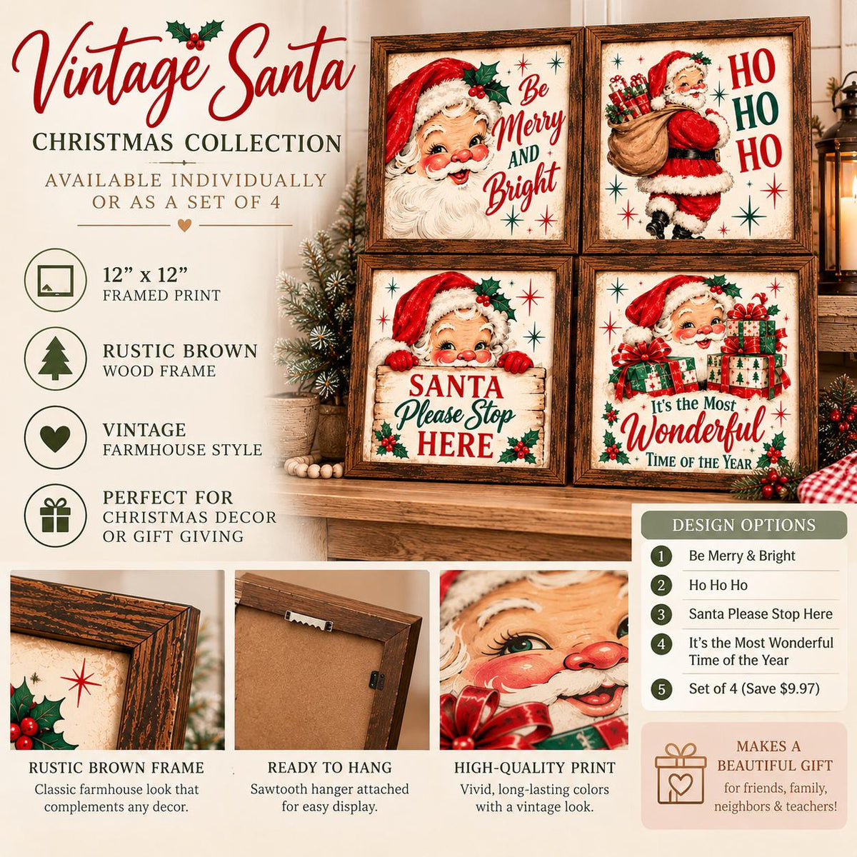 Vintage Santa Framed Print Set of 4, Retro Santa Claus Wall Art, Ho Ho Ho Merry and Bright Christmas Signs, Holiday Decor