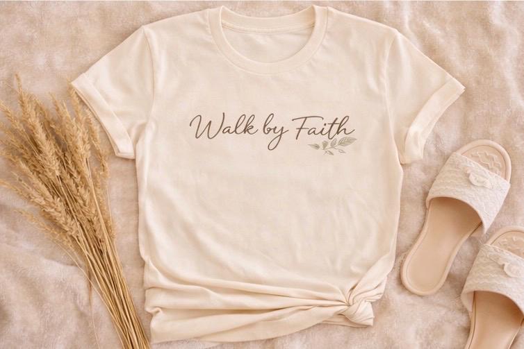 Walk by Faith Tee, 2 Corinthians 5:7 Minimalist Christian Shirt for Women