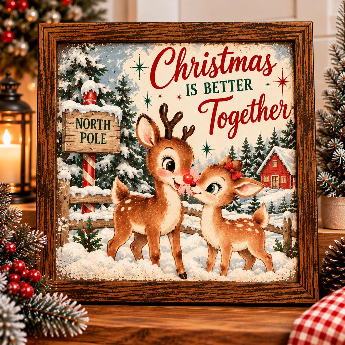 Vintage Reindeer Christmas Is Better Together Framed Print, Retro Deer Wall Art, North Pole Christmas Sign, Cottage Decor