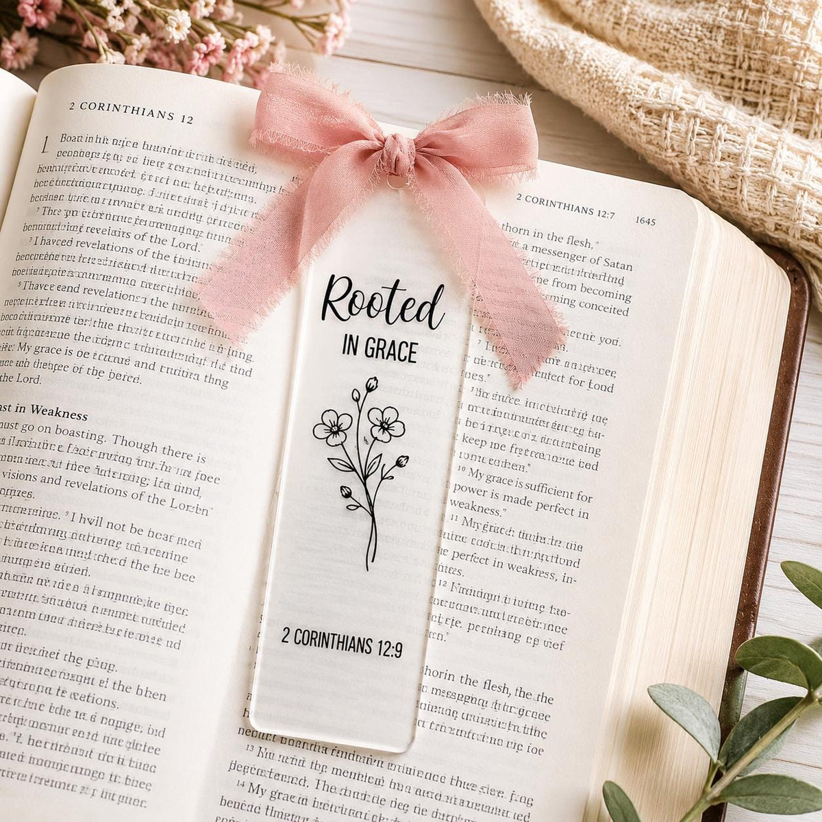 Rooted in Grace Clear Acrylic Bookmark with Tassel, 2 Corinthians 12:9 Scripture Page Marker