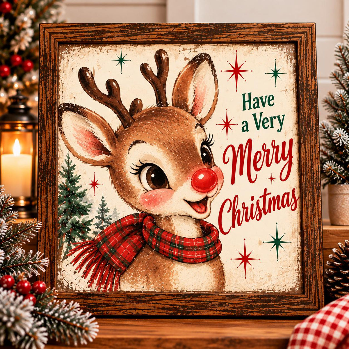 Vintage Reindeer Have a Very Merry Christmas Framed Print, Retro Red Nose Reindeer Wall Art, Mid Century Christmas Decor