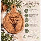 Bless this Kitchen Round Engraved Acacia Serving Board, Small Wildflower Cheese Board with Handle, Housewarming Gift