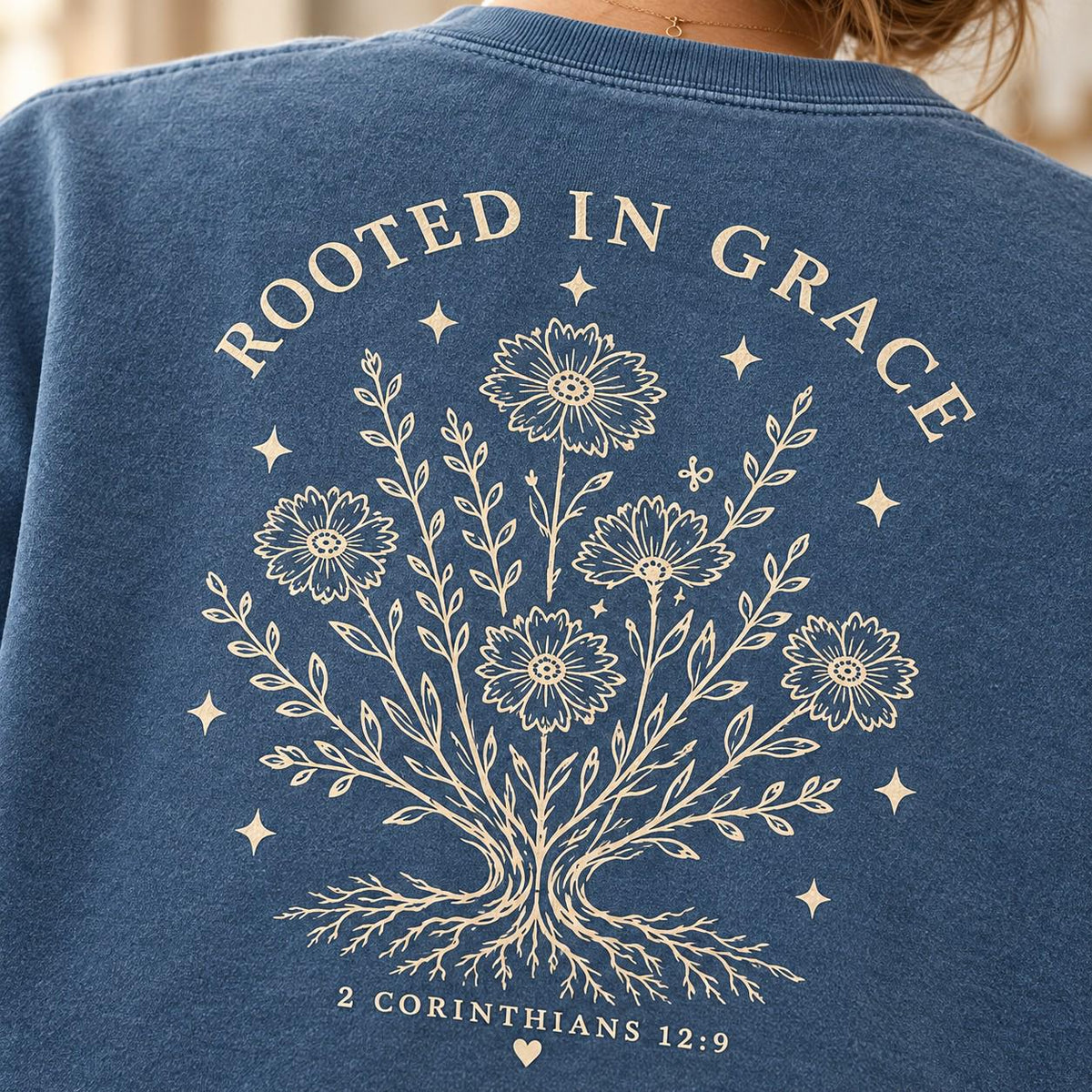 Rooted in Grace Wildflower Comfort Colors Sweatshirt, 2 Corinthians 12:9 Christian Crewneck for Women