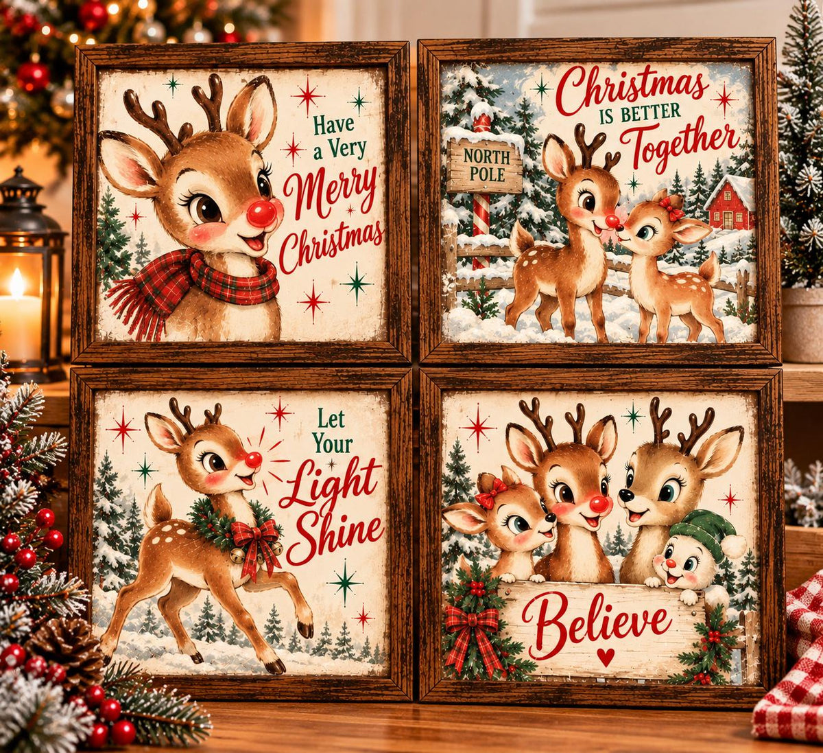 Vintage Reindeer Framed Print Set of 4, Retro Red Nose Deer Christmas Wall Art, Believe Let Your Light Shine Signs, Decor
