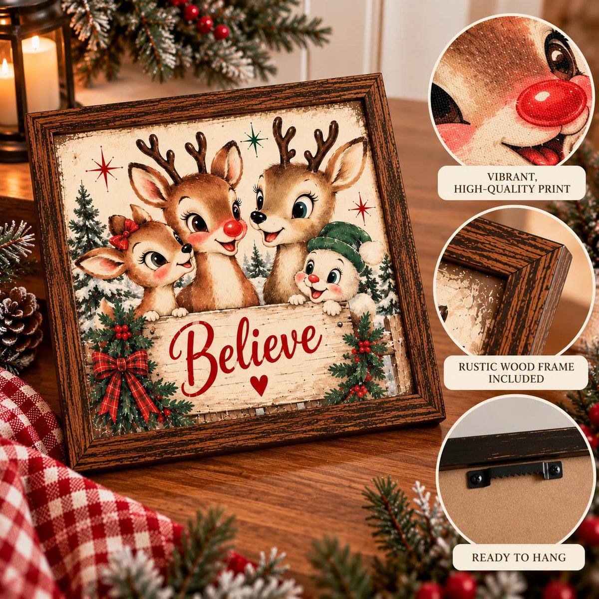 Vintage Reindeer Believe Framed Print, Retro Christmas Deer Wall Art, Believe Christmas Sign, Colorful Cottage Holiday Decor