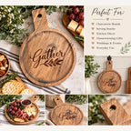 Gather Engraved Acacia Round Serving Board, Small Charcuterie Cheese Board with Handle, Hostess Housewarming Gift