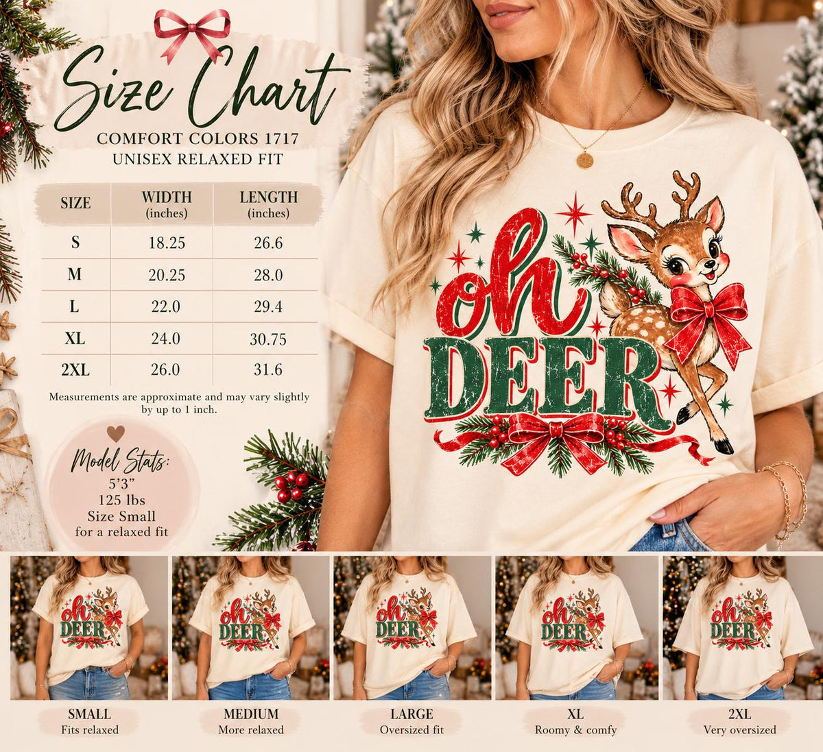Oh Deer Christmas Shirt, Vintage Fawn Comfort Colors Tee, Retro Reindeer Holiday T-Shirt, Cute Deer Bow Christmas Gift for Her