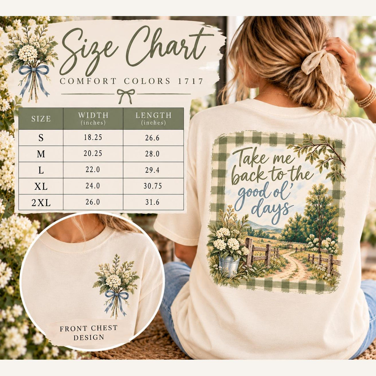 Take Me Back to the Good Ol' Days Comfort Colors Tee, Gingham Country Road Wildflower Shirt for Women, Nostalgic Farmhouse Tee