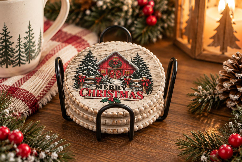 Christmas Wood Coaster Set of 4 with Black Wire Stand, Whitewash Farmhouse Holiday Decor