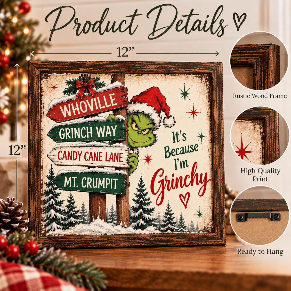 Funny Christmas Signpost Framed Print, Candy Cane Lane Retro Wall Art, Whimsical Green Character Sign, Holiday Decor