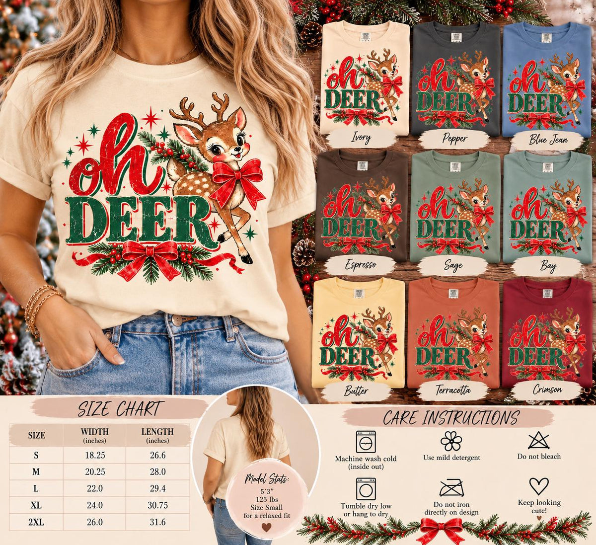 Oh Deer Christmas Shirt, Vintage Fawn Comfort Colors Tee, Retro Reindeer Holiday T-Shirt, Cute Deer Bow Christmas Gift for Her