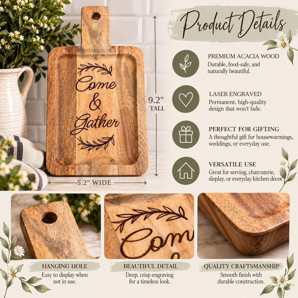 Come & Gather Engraved Acacia Charcuterie Board, Small Rectangle Serving Tray with Handle, Hostess Housewarming Gift
