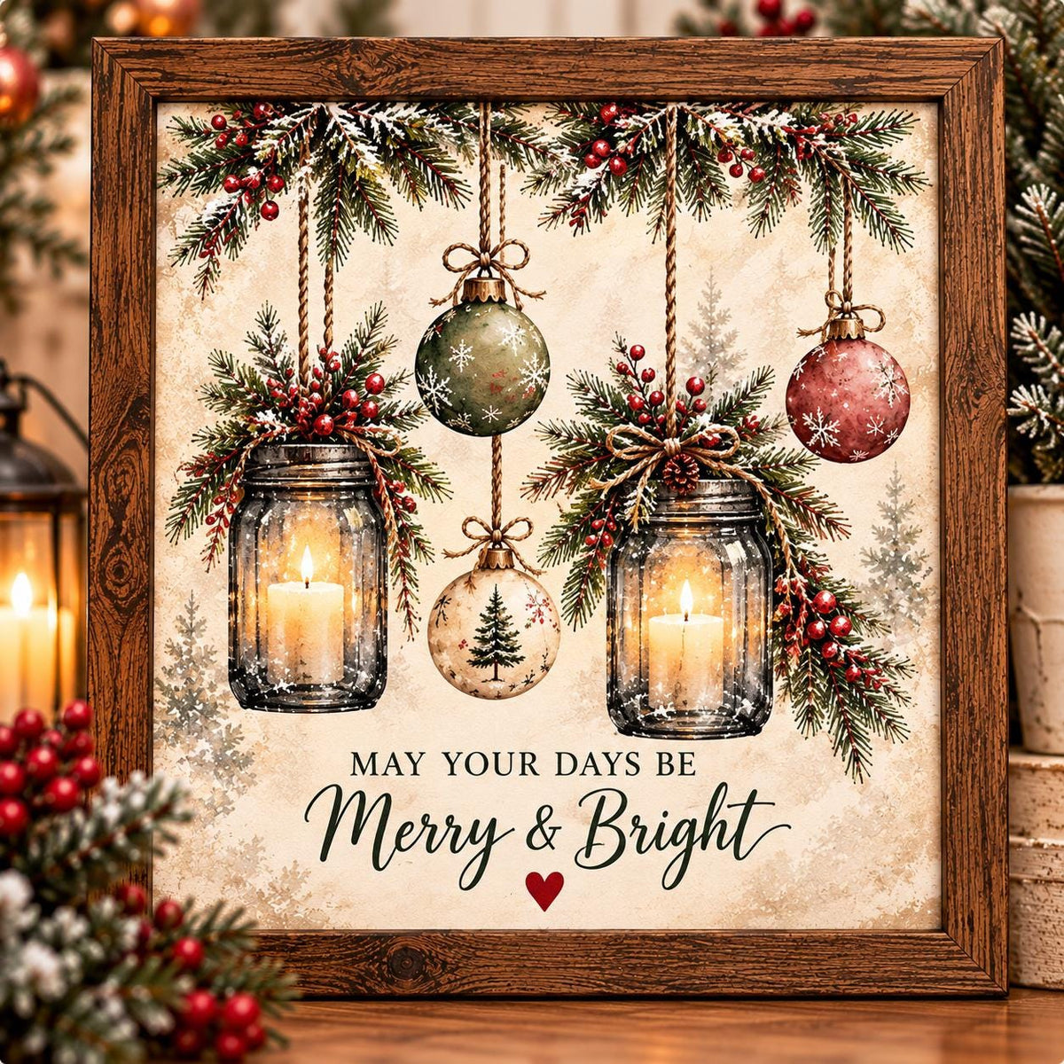 Merry and Bright Lantern Framed Print, Vintage Christmas Wall Art, Farmhouse Lantern Sign, Cozy Cottage Holiday Decor
