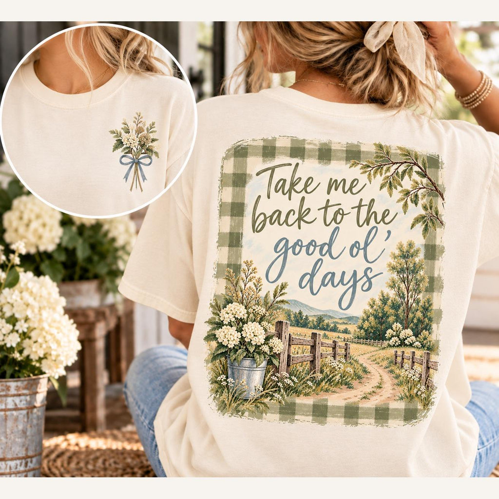 Take Me Back to the Good Ol' Days Comfort Colors Tee, Gingham Country Road Wildflower Shirt for Women, Nostalgic Farmhouse Tee