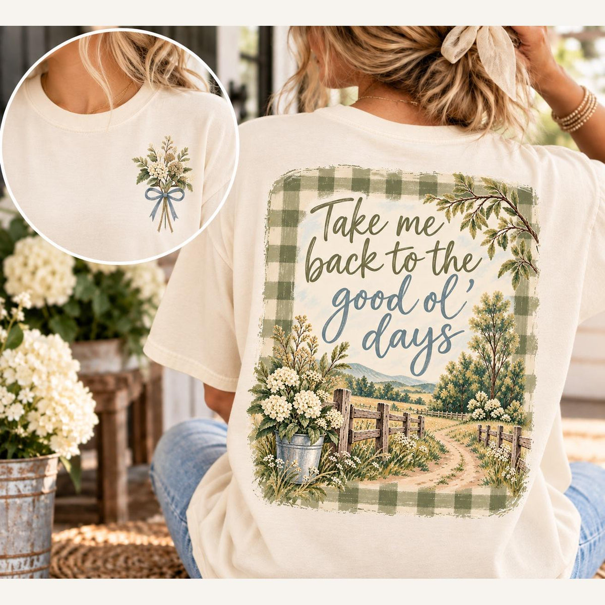 Take Me Back to the Good Ol' Days Comfort Colors Tee, Gingham Country Road Wildflower Shirt for Women, Nostalgic Farmhouse Tee