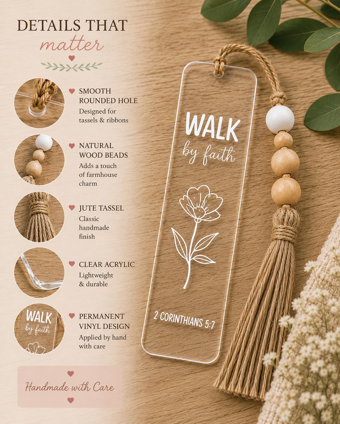 Walk by Faith Clear Acrylic Bookmark with Tassel, 2 Corinthians 5:7 Scripture Page Marker