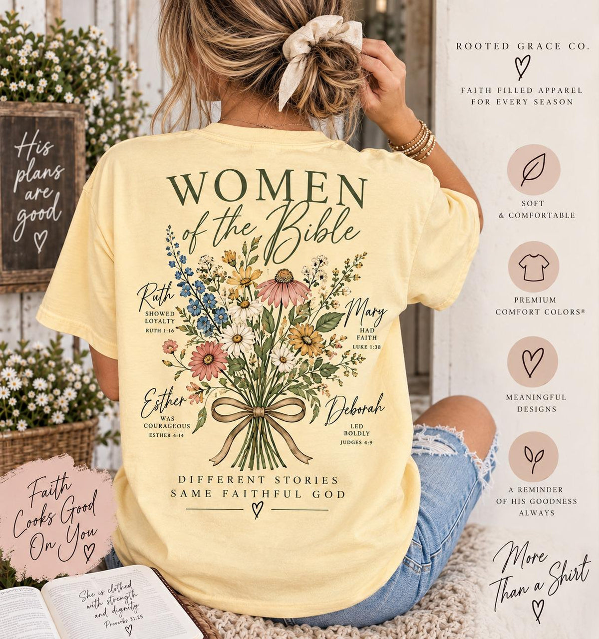 Women of the Bible Wildflower Tee, Ruth Esther Mary Deborah Christian Shirt (Comfort Colors)