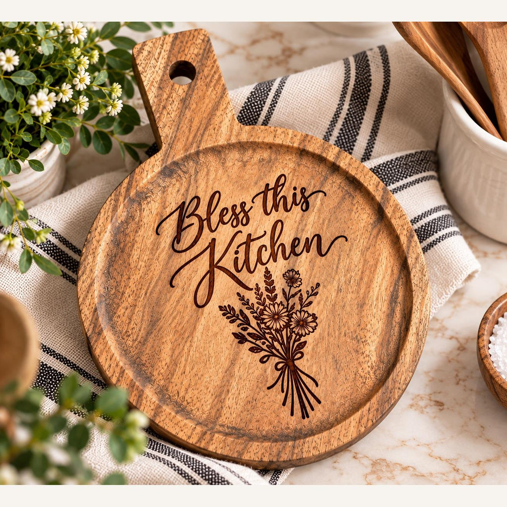 Bless this Kitchen Round Engraved Acacia Serving Board, Small Wildflower Cheese Board with Handle, Housewarming Gift