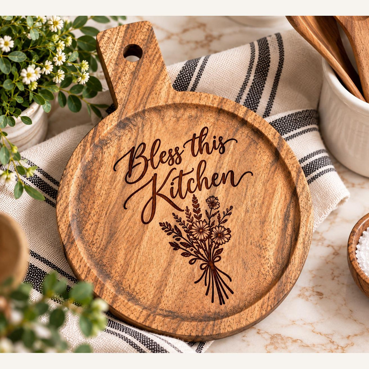 Bless this Kitchen Round Engraved Acacia Serving Board, Small Wildflower Cheese Board with Handle, Housewarming Gift