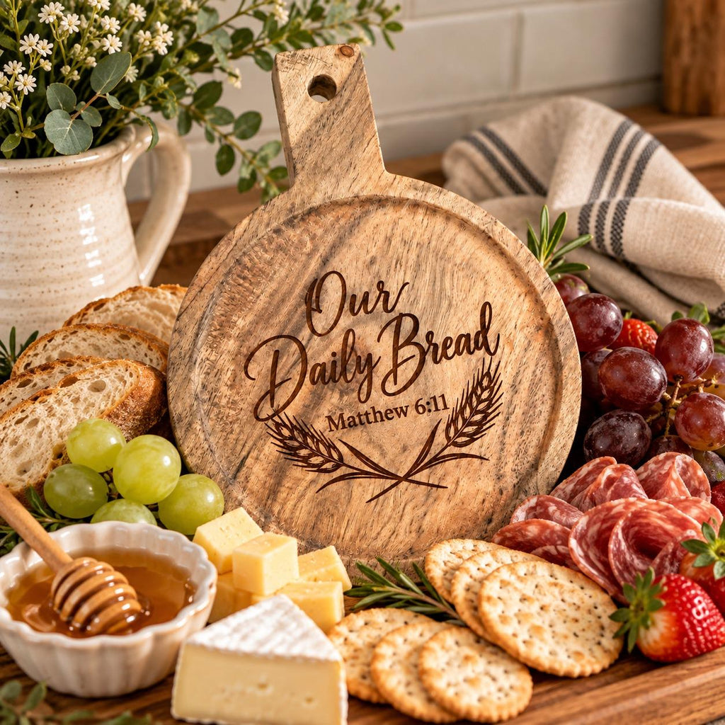 Our Daily Bread Engraved Acacia Serving Board, Matthew 6:11 Round Bread Board with Handle, Christian Kitchen Gift