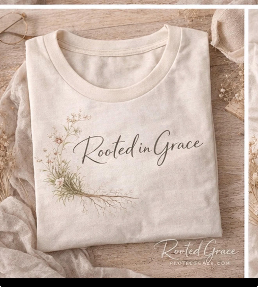 Rooted in Grace Tee, 2 Corinthians 12:9 Minimalist Christian Shirt for Women