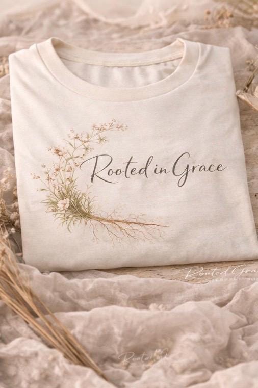 Rooted in Grace Tee, 2 Corinthians 12:9 Minimalist Christian Shirt for Women