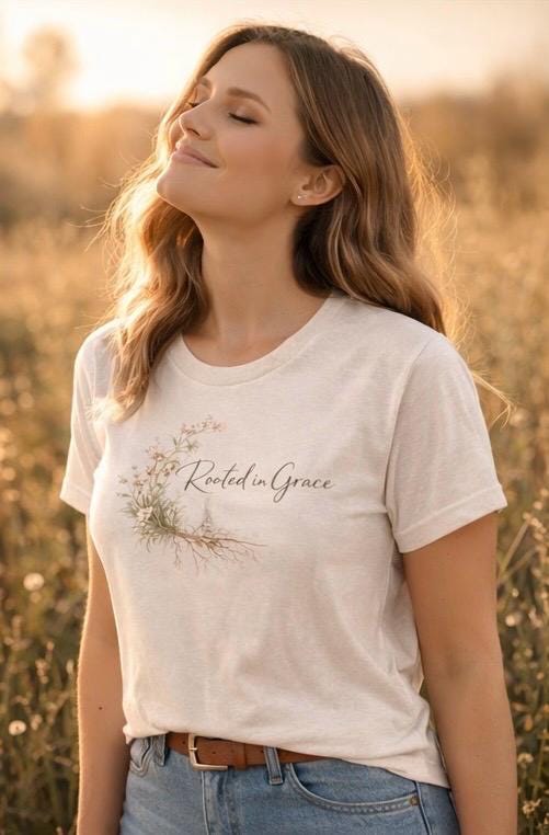 Rooted in Grace Tee, 2 Corinthians 12:9 Minimalist Christian Shirt for Women